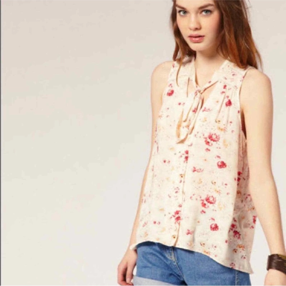 Free People Sheila Floral Bow Collar Sleeveless Blouse